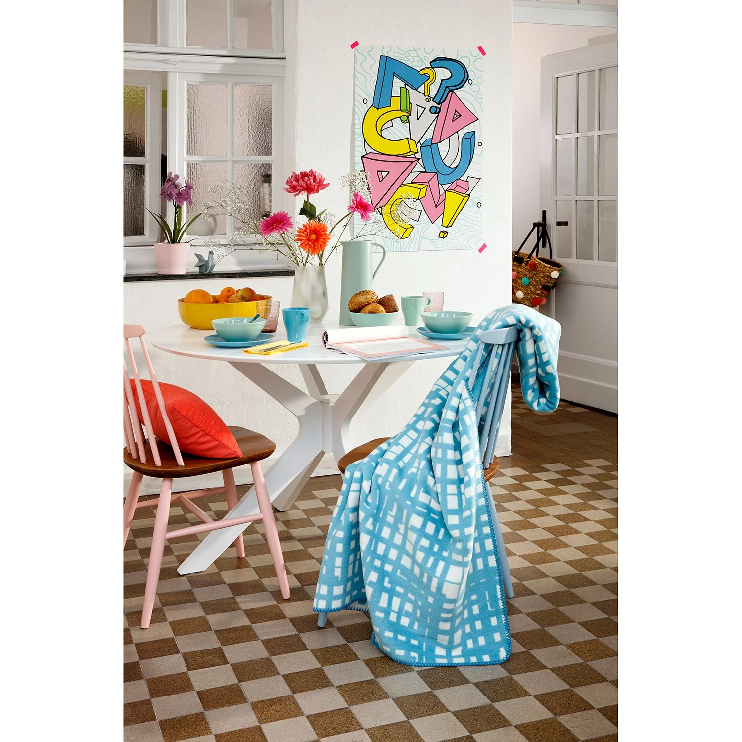 Biederlack Plaid Bright Bouquet Sketch aqua - Tissu - Turquoise / Blanc 4 Biederlack Plaid Bright Bouquet Sketch aqua - Tissu - Turquoise / Blanc – Image 2