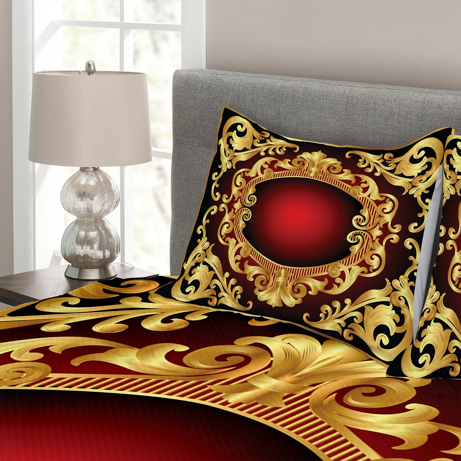 Twentyfour Couvre-lit Baroque - Polyester - Jaune ocre / Bordeaux - 264 x 220 cm 6 Twentyfour Couvre-lit Baroque - Polyester - Jaune ocre / Bordeaux - 264 x 220 cm – Image 4